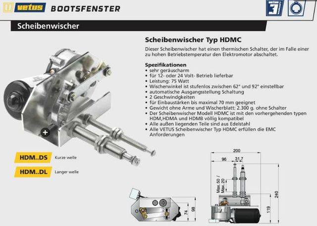 Vetus Wischermotor HDM24DS kurze Welle